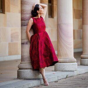 Valentine's Day Party Dress Womens 14 Red Rose Jacquard Fit & Flare Cocktail